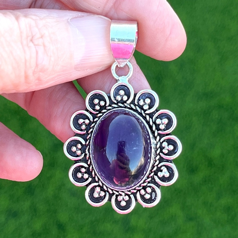 Round Natural Amethyst Sterling Silver 1.5” Pendant